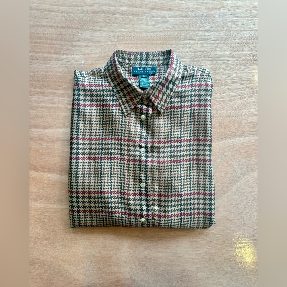 Ralph Lauren Women's Brown & Red Silk Houndstooth Button-Up Shirt - Size L